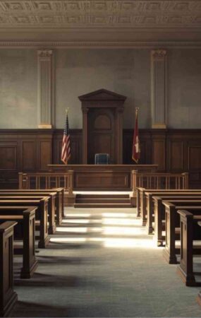 Courtroom interior representing the Robert Clark San Bernardino second-degree murder trial and 2024 parole decision in California.