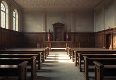 Courtroom interior representing the Robert Clark San Bernardino second-degree murder trial and 2024 parole decision in California.
