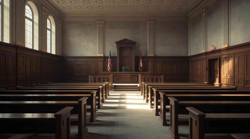 Courtroom interior representing the Robert Clark San Bernardino second-degree murder trial and 2024 parole decision in California.