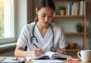 A nursing student reviewing RN Fundamentals 2016 70 questions study material at a desk with a stethoscope and open textbook