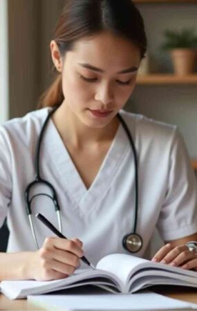 A nursing student reviewing RN Fundamentals 2016 70 questions study material at a desk with a stethoscope and open textbook
