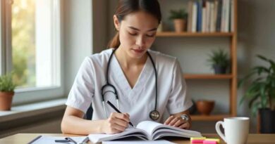 A nursing student reviewing RN Fundamentals 2016 70 questions study material at a desk with a stethoscope and open textbook