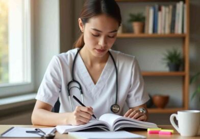A nursing student reviewing RN Fundamentals 2016 70 questions study material at a desk with a stethoscope and open textbook