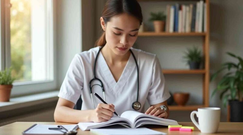 A nursing student reviewing RN Fundamentals 2016 70 questions study material at a desk with a stethoscope and open textbook